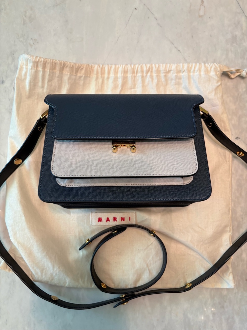 Marni Medium Navy and White Leather Trunk Bag